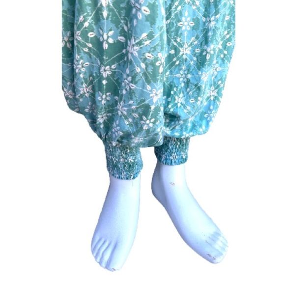 Skemo Turquoise Aqua Bohemian Beachy Beaded Strapless Smocked Blouson Jumpsuit M - Picture 7 of 10